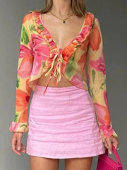 Tie Front Floral Cropped Long Sleeve Blouse