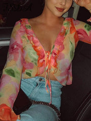 Tie Front Floral Cropped Long Sleeve Blouse