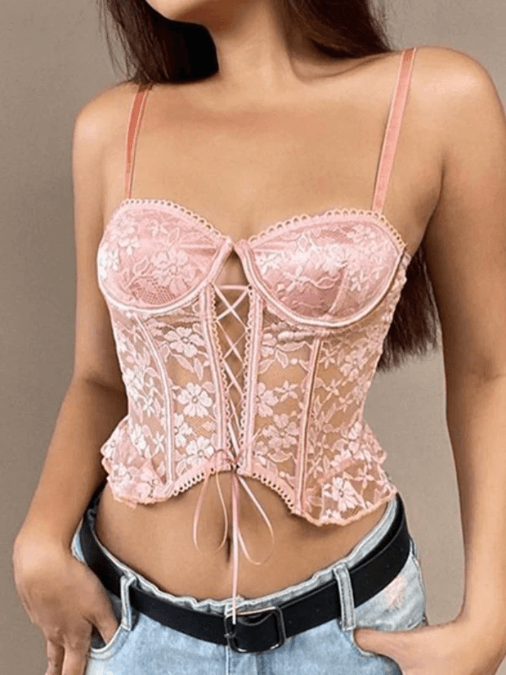 Tie Front Floral Lace Underwire Corset Top