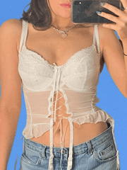 Tie Front Lace Paneled Mesh Crop Cami Top