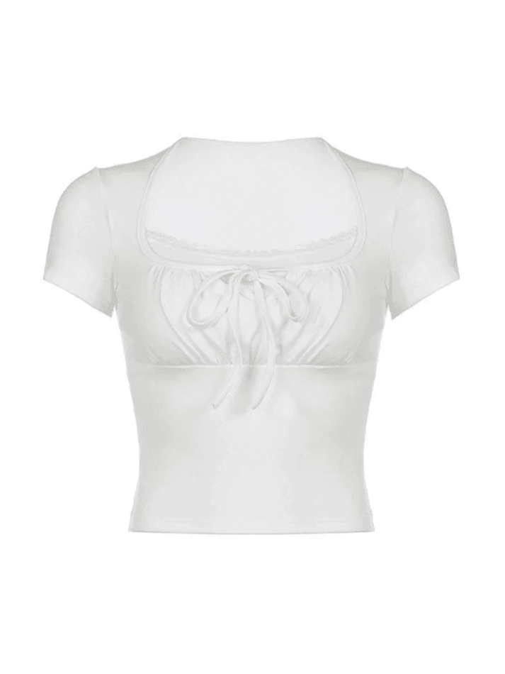 Tie Front Patchwork White Crop Top