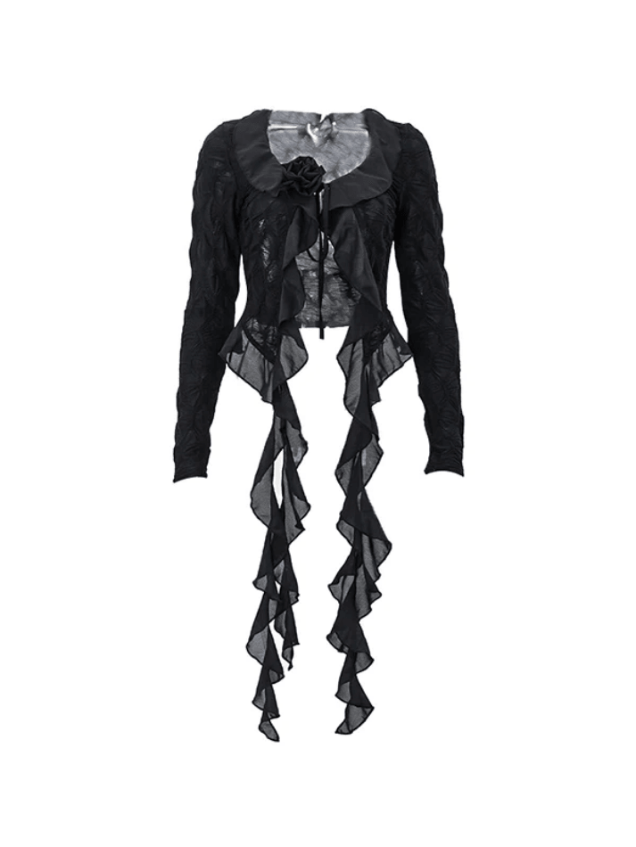Tie Front Ruffles Flower Trim Long Sleeves Blouse