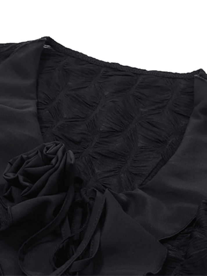 Tie Front Ruffles Flower Trim Long Sleeves Blouse