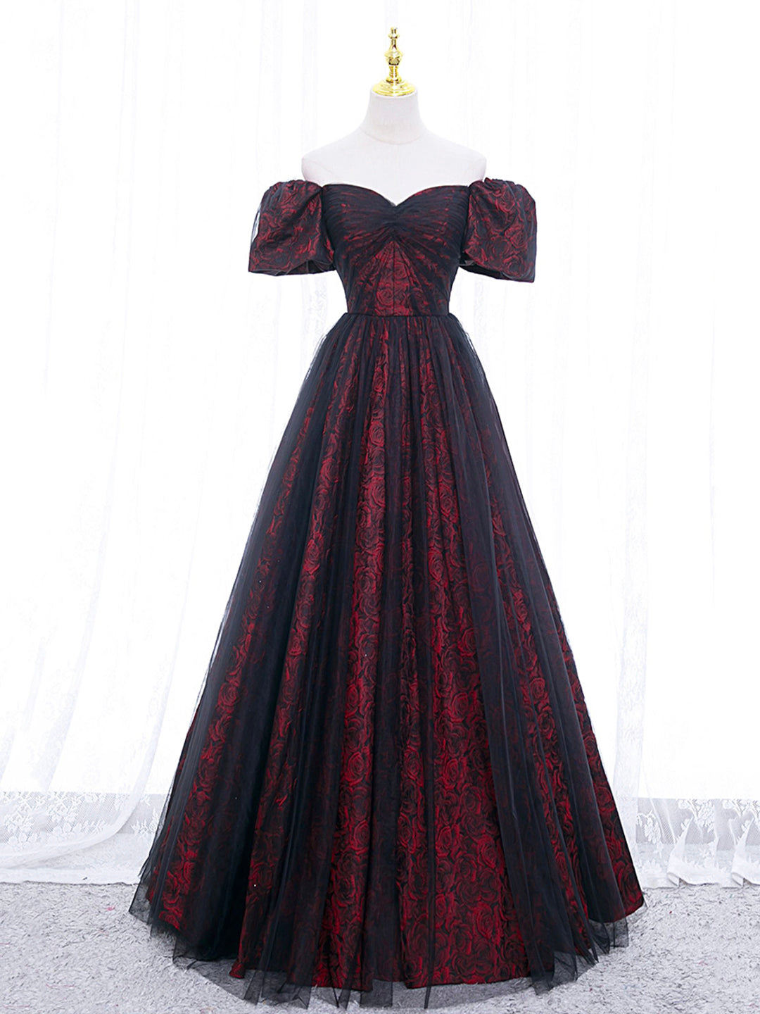 BXOXO A-Line Tulle Lace Burgundy Long Prom Dress, Burgundy Long Formal Dress