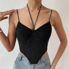 Trendy Halter Bustier Curved Sleeveless Mesh Crop Corset Top