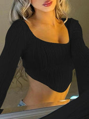 U Neck Ribbed Irregular Hem Long Sleeve Tee