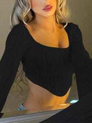 U Neck Ribbed Irregular Hem Long Sleeve Tee