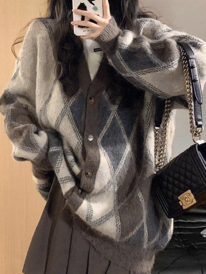 V Neck Argyle Button Front Cardigan