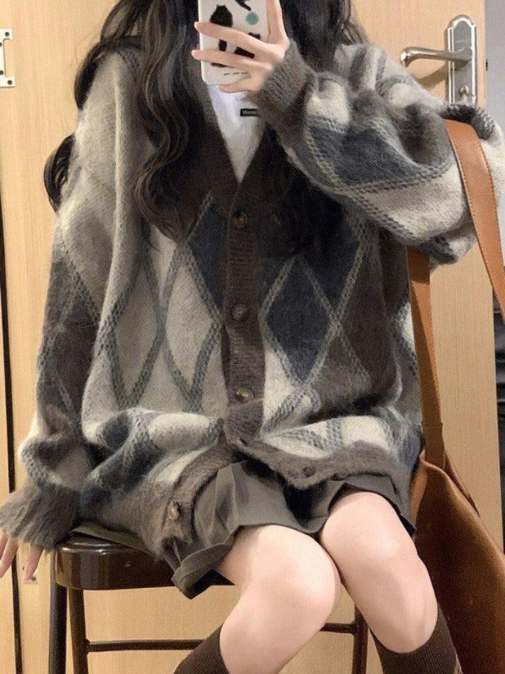 V Neck Argyle Button Front Cardigan