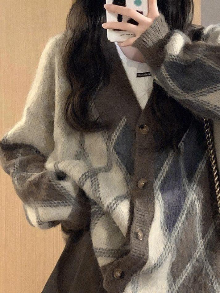 V Neck Argyle Button Front Cardigan