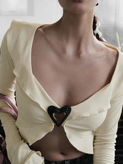 V Neck Fungus Heart Button Long Sleeve Knit