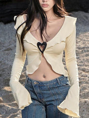 V Neck Fungus Heart Button Long Sleeve Knit