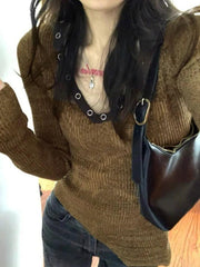 V Neck Hem Irregular Knit Sweater