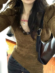 V Neck Hem Irregular Knit Sweater