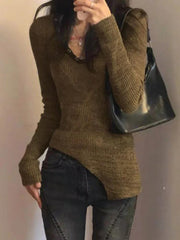 V Neck Hem Irregular Knit Sweater