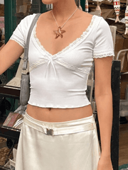 V Neck Lace Panel Short Sleeved Tee