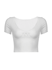 V Neck Lace Panel Short Sleeved Tee