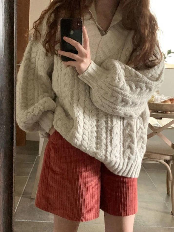 V Neck Pullover Cable Knit Sweater