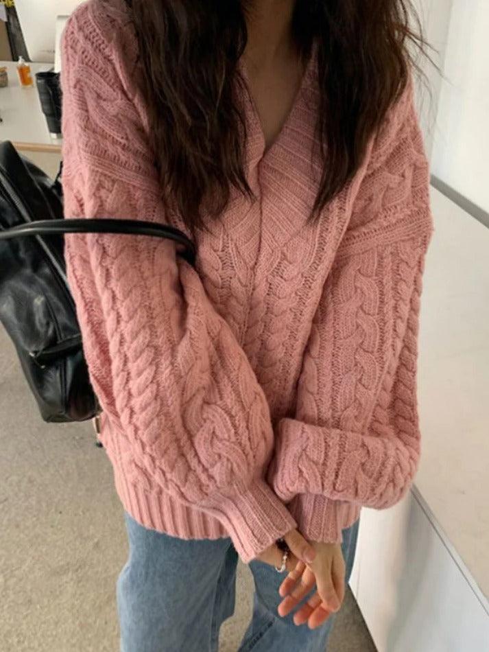 V Neck Pullover Cable Knit Sweater