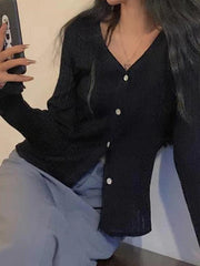 V Neck Ribbed Thin Long Sleeve Knit