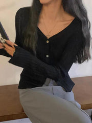 V Neck Ribbed Thin Long Sleeve Knit