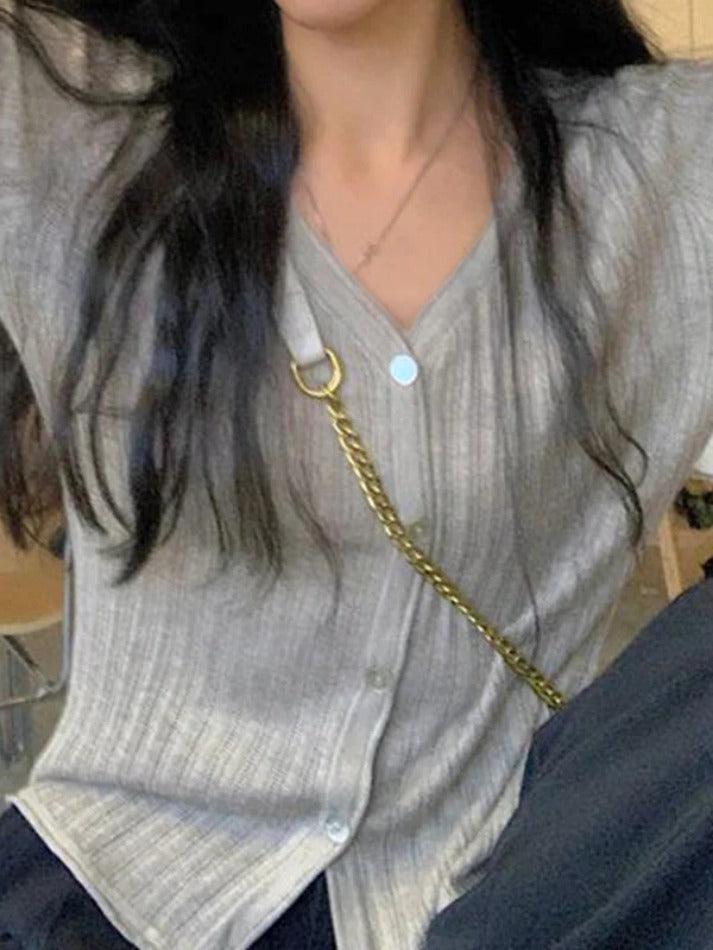 V Neck Ribbed Thin Long Sleeve Knit