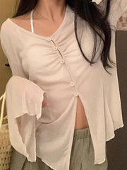 V Neck Split Flare Sleeve Long Sleeve Blouse