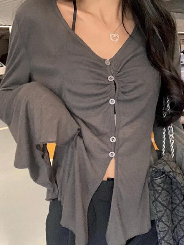 V Neck Split Flare Sleeve Long Sleeve Blouse