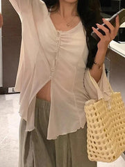 V Neck Split Flare Sleeve Long Sleeve Blouse