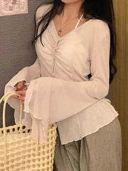 V Neck Split Flare Sleeve Long Sleeve Blouse