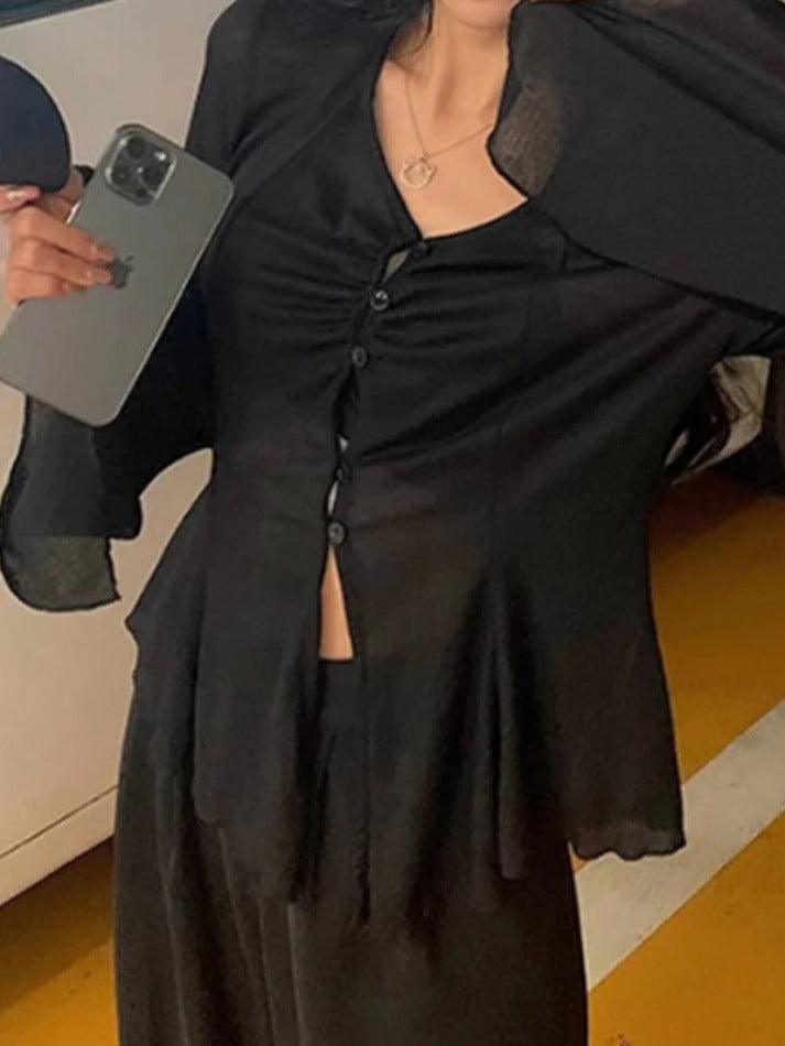 V Neck Split Flare Sleeve Long Sleeve Blouse