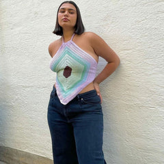 Vacation Ready Striped Panel Knitted Halter Top - Multicolor