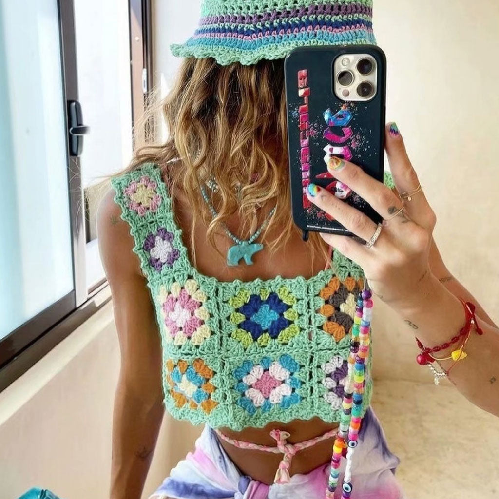 Vibrant Floral Pullover Square Neck Crochet Knit Tank Top