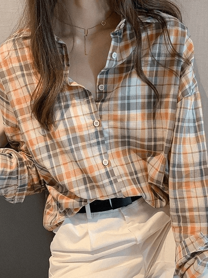 Vintage Checkered Long Sleeve Button Blouse