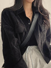 Vintage Corduroy Lapel Neck Button Long Sleeve Blouse