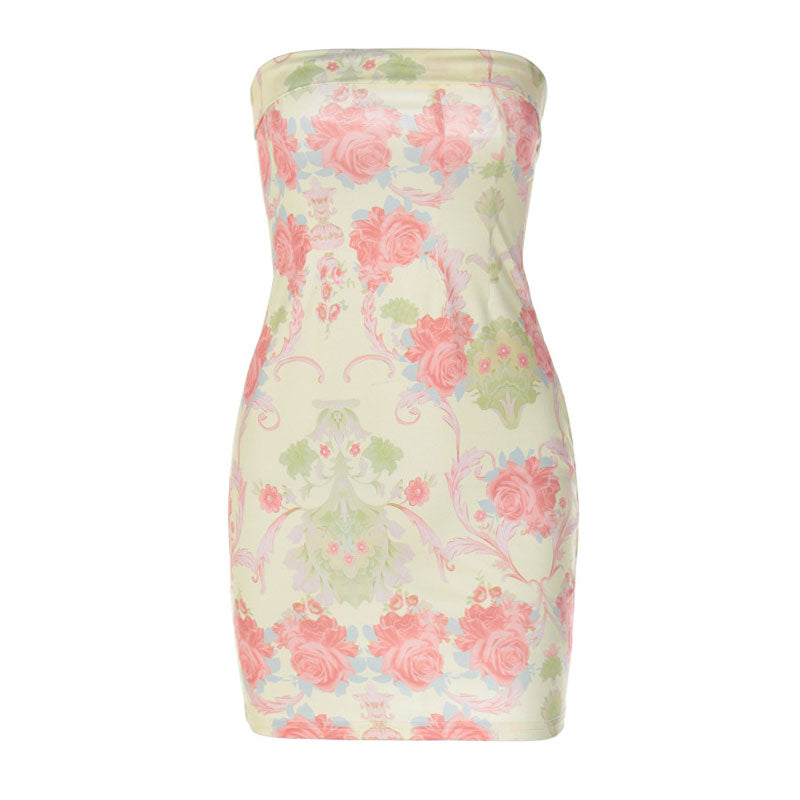 Vintage Flower Print Foldover Detail Bodycon Strapless Mini Dress - Beige