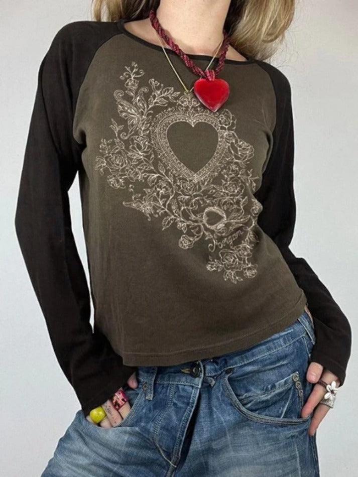 Vintage Heart Print Raglan Long Sleeve Tee