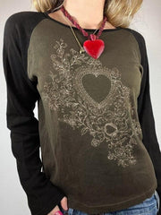 Vintage Heart Print Raglan Long Sleeve Tee