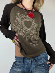 Vintage Heart Print Raglan Long Sleeve Tee