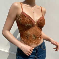 Vintage Lacy Sweetheart Neck Floral Printed Sheer Mesh Crop Tank Top - Brown