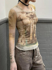 Vintage Print Mesh Slim Long Sleeve Tee