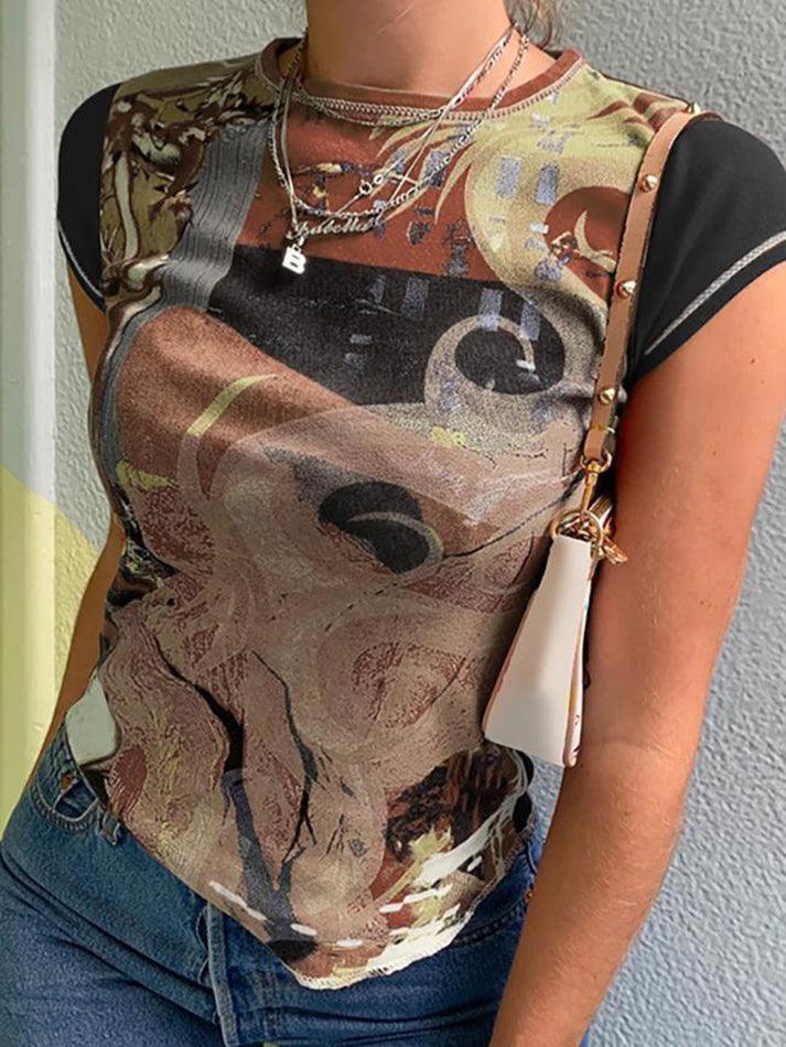 Vintage Short Sleeve Printed Crop Top