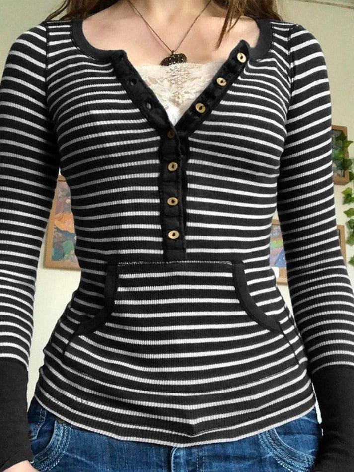 Vintage Striped Button Front Ribbed Knit Top