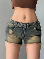 Vintage Stud Belt Denim Shorts