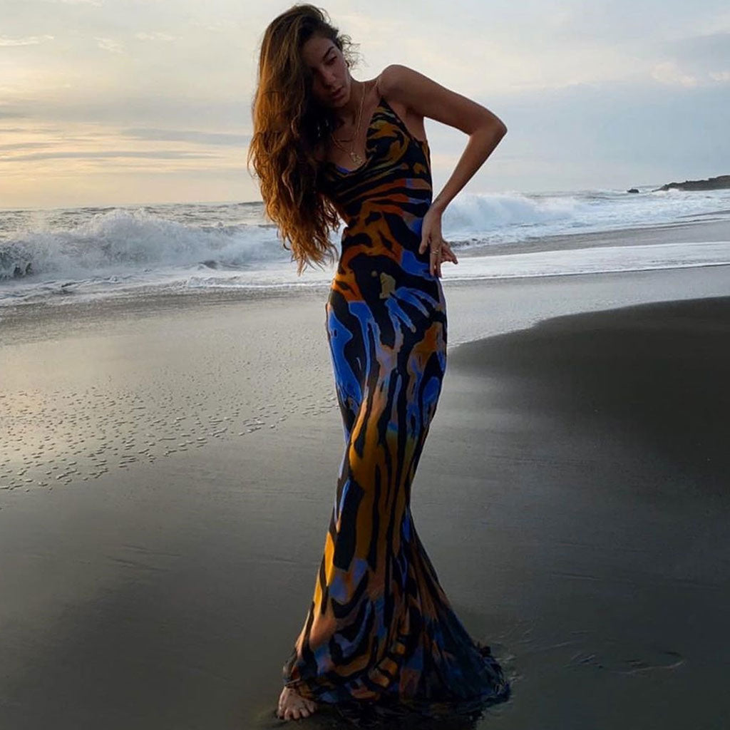 Vintage Style Striped Printed Cowl Neck Slip Maxi Dress