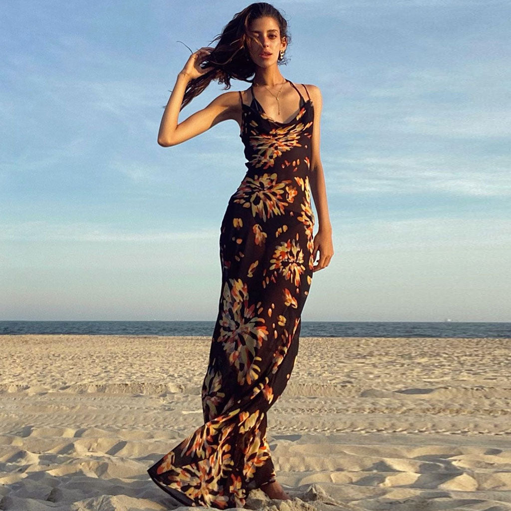 Vintage Style Firework Printed Cowl Neck Slip Maxi Dress