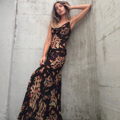 Vintage Style Firework Printed Cowl Neck Slip Maxi Dress - Black