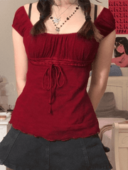 Vintage Tie Front Lace Trim Blouse