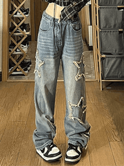 Vintage Wash Distressed Star Patch Boyfriend Jeans