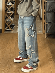Vintage Wash Distressed Star Patch Boyfriend Jeans